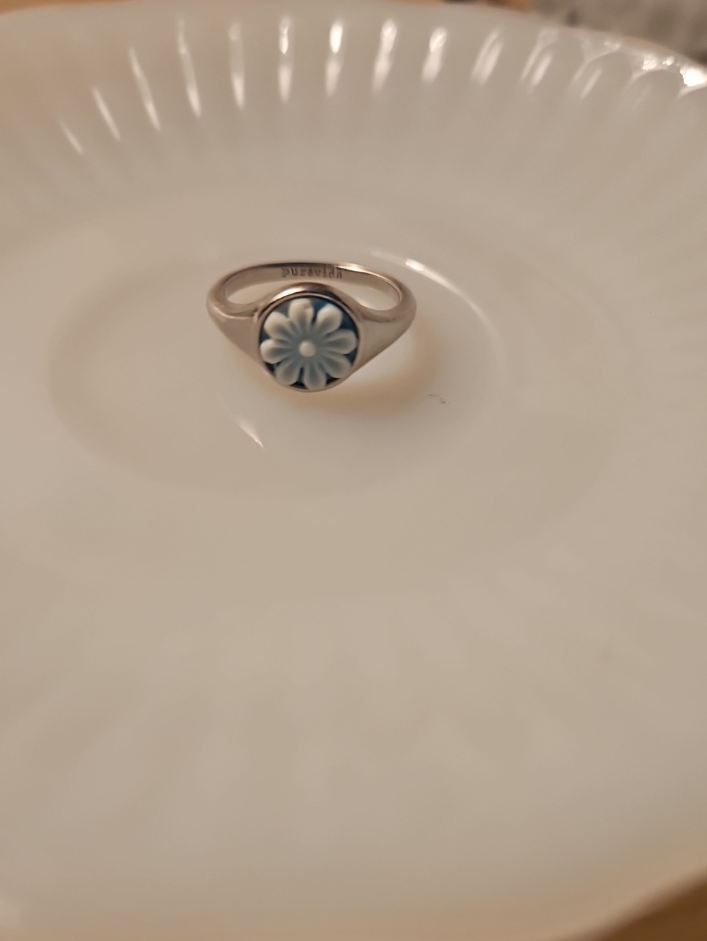 Pura Vida Silver Ring with Blue and White Floral Enamel